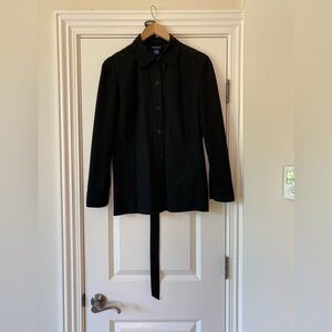 Ann Taylor long belted jacket.  4. Used. Fully lined. Broken button on sleeve